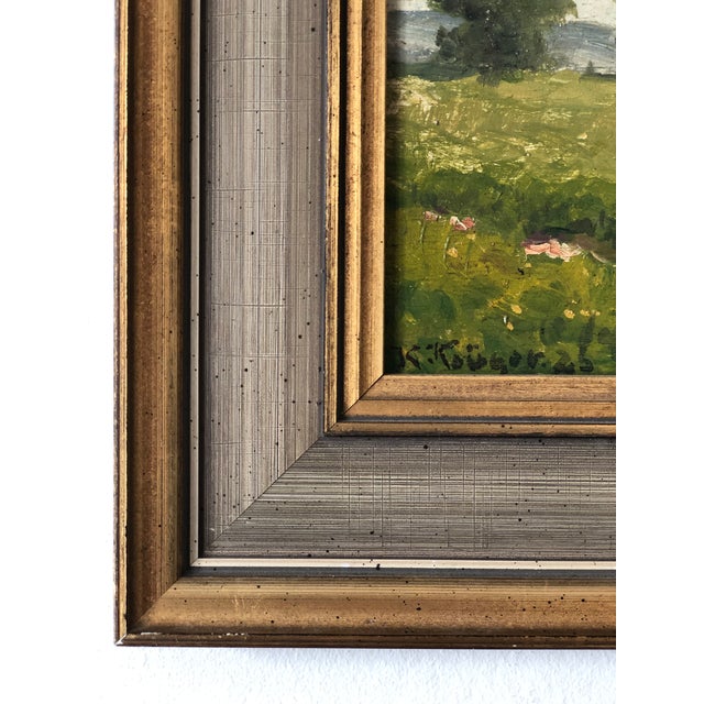 Original antique oil painting created in 1923, shows a landscape with a sandy path leading through golden fields toward a...