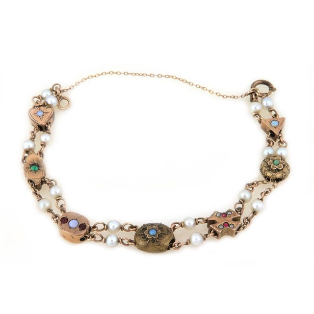 Late 20th Century Victorian Bracelet Multicolor Gems Pearls 10k Yellow Gold 7 Slide Charms For Sale - Image 5 of 5