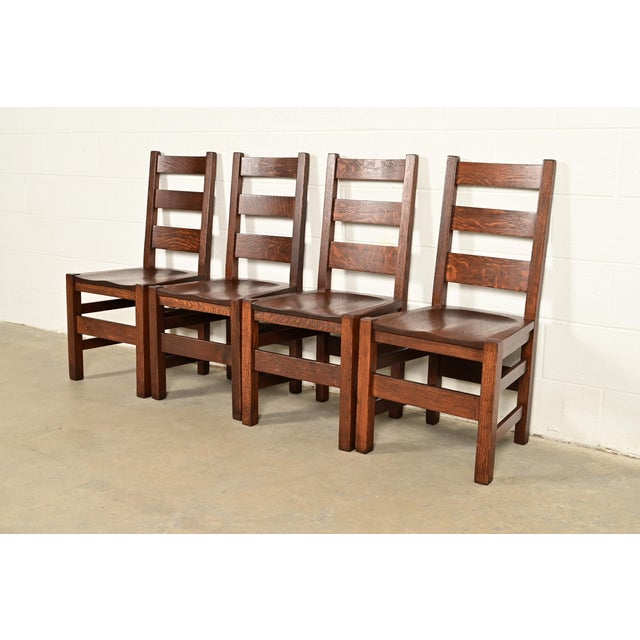 Stickley Brothers Antique Mission Oak Arts & Crafts Ladder Back Dining Chairs, Newly Refinished For Sale - Image 11 of 11