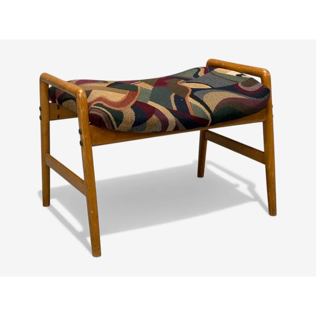 Mid-Century Modern Danish Modern, Aztec Fabric, Light Stained Wood, Footstool, Denmark, 1950s For Sale - Image 3 of 8