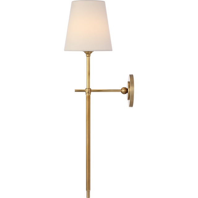 Brass Thomas O'Brien for Visual Comfort Signature Bryant 27" Cordless Tail Sconce in Hand-Rubbed Antique Brass with Linen Shade For Sale - Image 8 of 13
