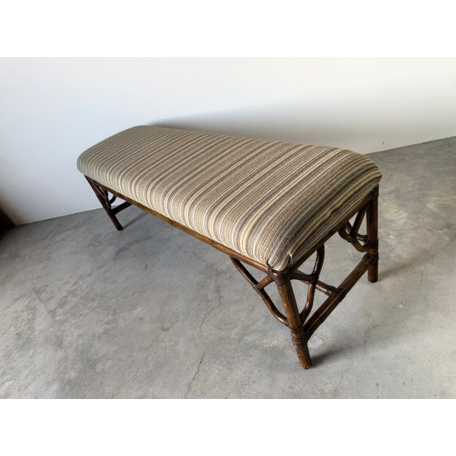 Brown Vintage McGuire Style Bamboo & Leather Binding Upholstered Bench For Sale - Image 8 of 18