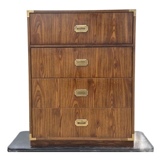 1970s Campaign Style Laminate 4-Drawer Dresser Tall Chest of Drawers W/ Brass Hardware For Sale