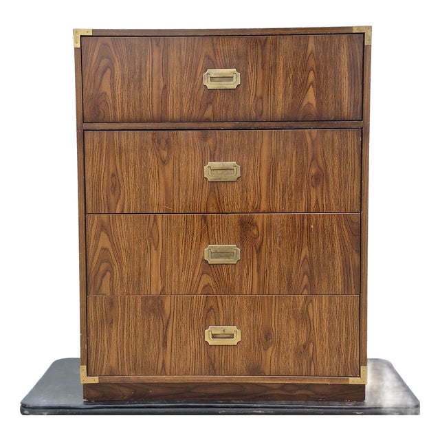 1970s Campaign Style Laminate 4-Drawer Dresser Tall Chest of Drawers W/ Brass Hardware For Sale