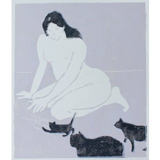 Cat Lady Original Woodblock Print by Michelle Farro For Sale