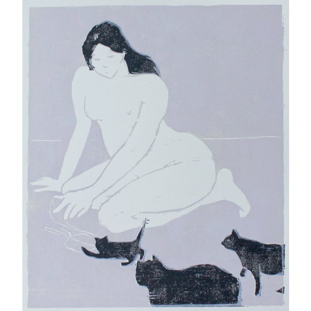Cat Lady Original Woodblock Print by Michelle Farro For Sale