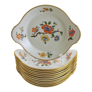 Late 20th Century French Chinoiserie Round Gratin Dishes Gilt Rims Floral Pattern Porcelain - Set of 12 For Sale
