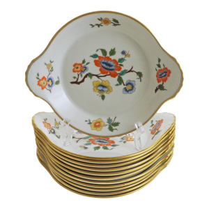 Late 20th Century French Chinoiserie Round Gratin Dishes Gilt Rims Floral Pattern Porcelain - Set of 12