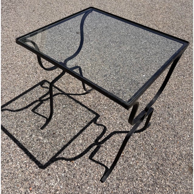Vintage Art Deco Set of 3 Wrought Iron and Glass Garden Patio Nesting Tables For Sale - Image 11 of 11