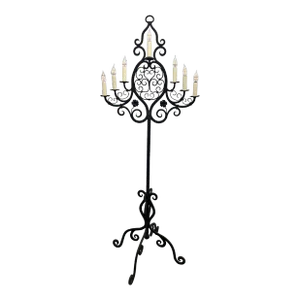 Late 19th Century Revival Medieval French Gothic Cathedral Forged Iron Electrified Floor Candelabra