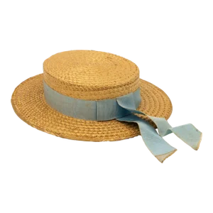 Vintage Natural Straw Pale Blue Ribbon Bow Boater Hat, the Ridgemont Make, 1930s