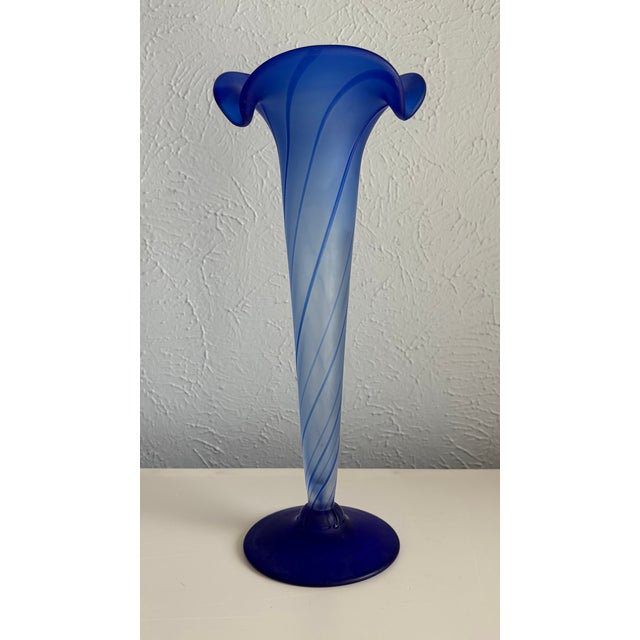 Glass Tall Blue Satin Glass Trumpet Vase For Sale - Image 7 of 8