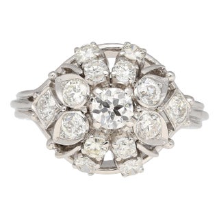 Vintage 1.30 Carat Old Euro-Cut Diamond Flower Ring in 14k White Gold, Size 6 For Sale