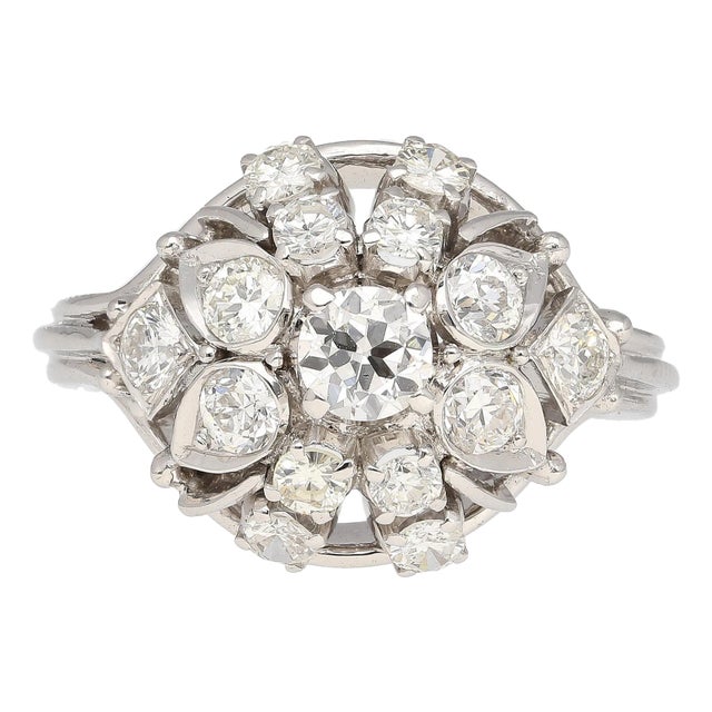Vintage 1.30 Carat Old Euro-Cut Diamond Flower Ring in 14k White Gold, Size 6 For Sale