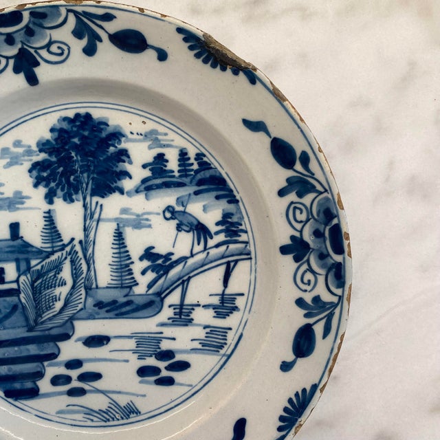 Early 19th Century Early Antique Dutch Delft Blue and White Landscape Plate or Platter For Sale - Image 5 of 12