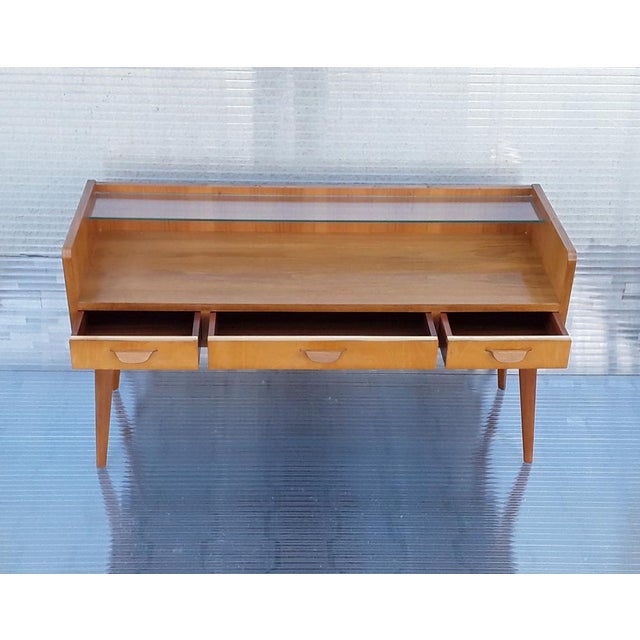 Vintage German Walnut Console with Three Drawers and Glass Shelf from WM-Möbel, 1960s For Sale - Image 6 of 9