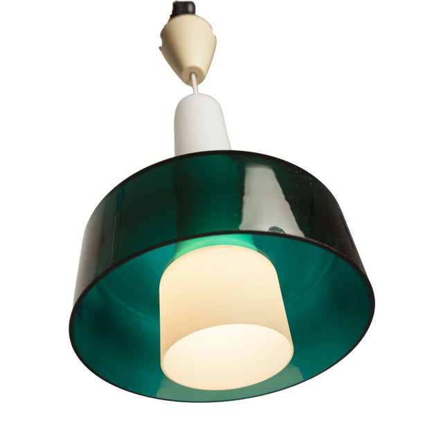 Vintage Two-Tone Pendant Light in White Opaline Glass and Green Transparent Glass, 1960s For Sale
