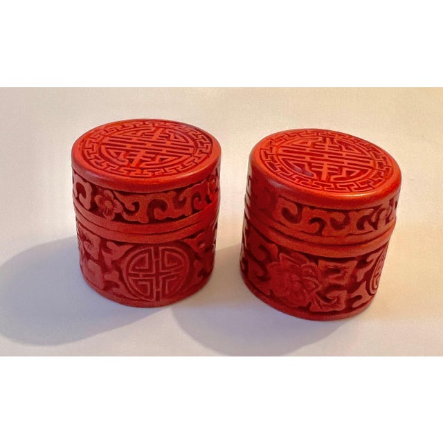 Pair of Red Asian Cinnabar Boxes with Lid and Blue Lacquer Interior For Sale - Image 4 of 9