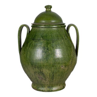 Portuguese Green Glazed Earthenware Lidded Jar For Sale