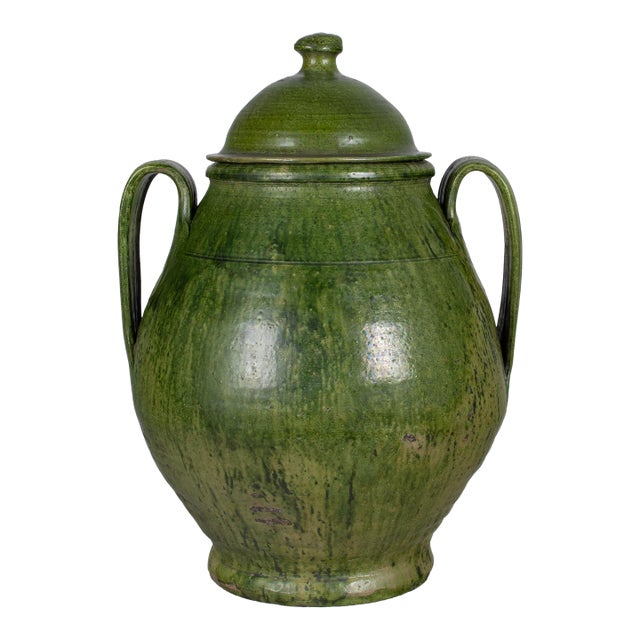 Portuguese Green Glazed Earthenware Lidded Jar For Sale