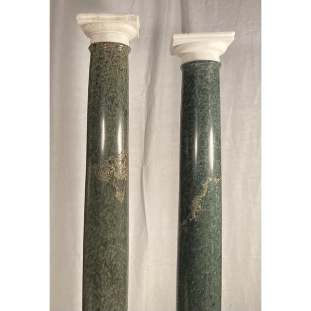 Italian Antique Pair Classical Doric Style Marble Columns Verdis With White Marble Bases & Capitals For Sale - Image 3 of 12