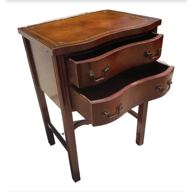 Brown Two-Drawer Serpentine Mahogany Chippendale Side Table With Stenciled Leather Top For Sale - Image 8 of 12