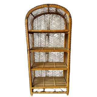 Vintage Asian Boho Chic Wicker Rattan Arched Peacock Etagere Display Book Shelf For Sale