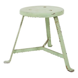 Industrial Green Painted Stool with Steel Base and Wooden Top, 1930s For Sale