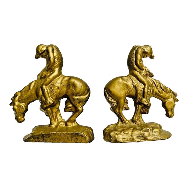 Antique 1910s Native American Gold Painted Iron End of Trail Bookends- Set of 2 For Sale
