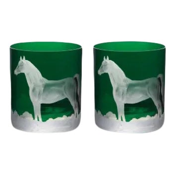 Horse Double Old Fashioned Glasses British Racer Green - a Pair For Sale