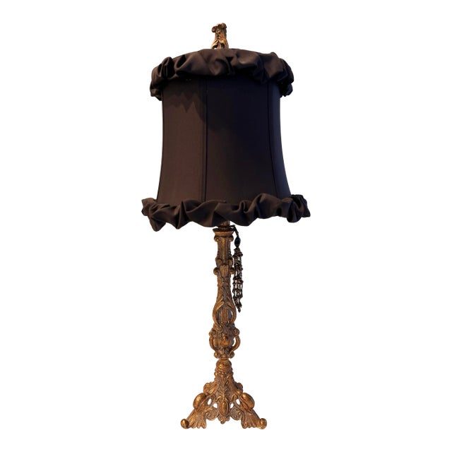 Vintage Carved Table Lamp With Decorative Beaded Detail & Shade For Sale
