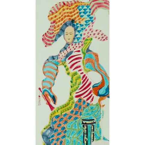 Fab lady in vibrant/ festive colours by Stella Harper c1970s in a blue frame w/ yellow mat!~ Art 8 1/4" x 17 1/2" Frame 11...