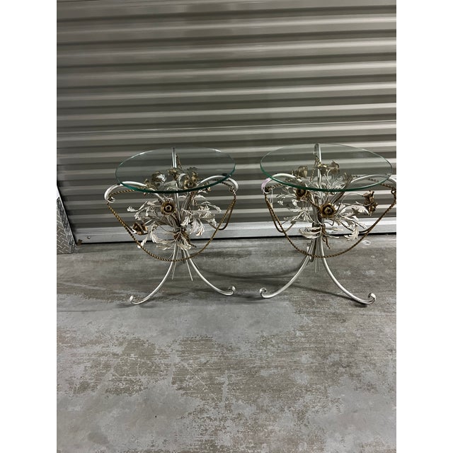 Metal Italian Mid Century Mixed Metal Wrought Iron Side Tables, Glass Top Pair For Sale - Image 7 of 7