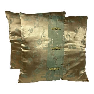 Vintage Asian Gold Satin Pillows, a Pair For Sale