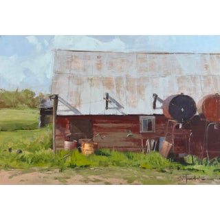 While They Work by Stephanie Hartshorn | Oil on Wood Panel Rustic barn with farm equipment and greenery For Sale