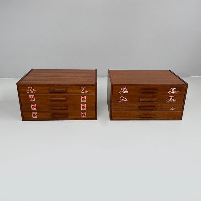 Italian mid-century modern sewing chests in wood by Seta Faro, 1960s Pair of sewing chests with a wooden frame consisting...