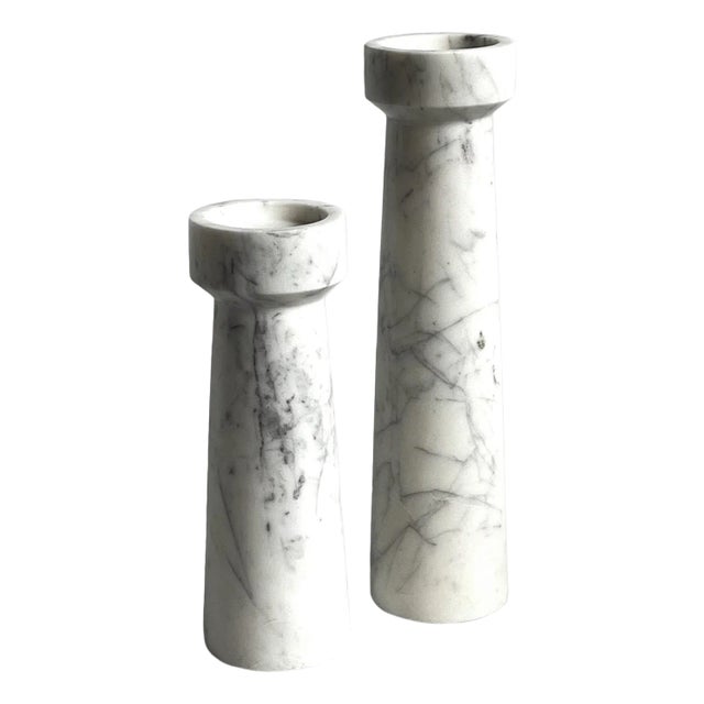 White Marble Candle Stands- a Pair For Sale