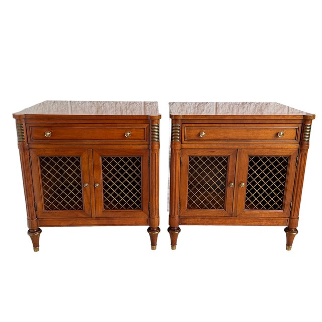 1960s 1960's Kindel French Regency Louis XVI Walnut Nightstands With Lattice Doors For Sale - Image 5 of 15