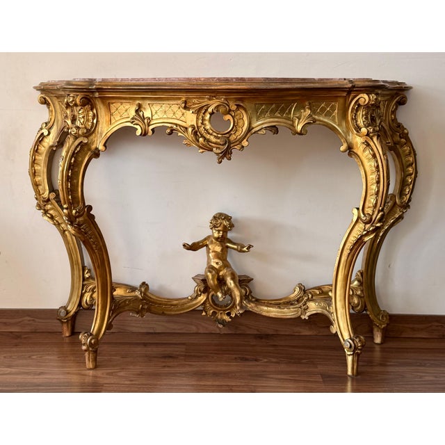 Early 19th Century Baroque Carved & Gilted Walnut Ormolu with Marble Console Table and Cherub For Sale - Image 17 of 18