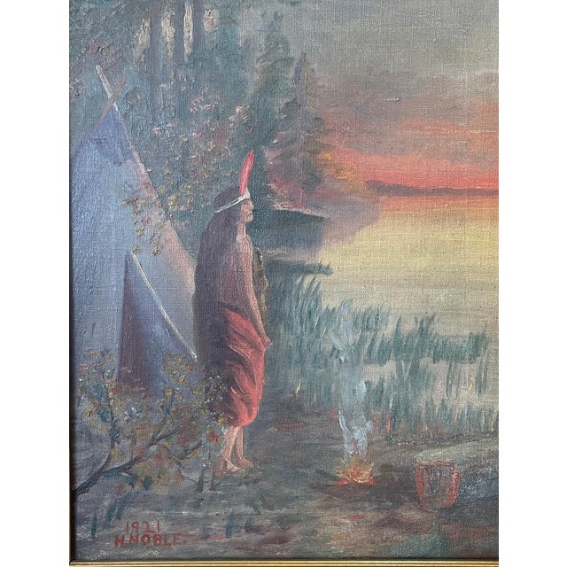 1921 Original Oil Painting by H. Noble – Native American Figure at Sunset – Antique Landscape Art For Sale - Image 12 of 12