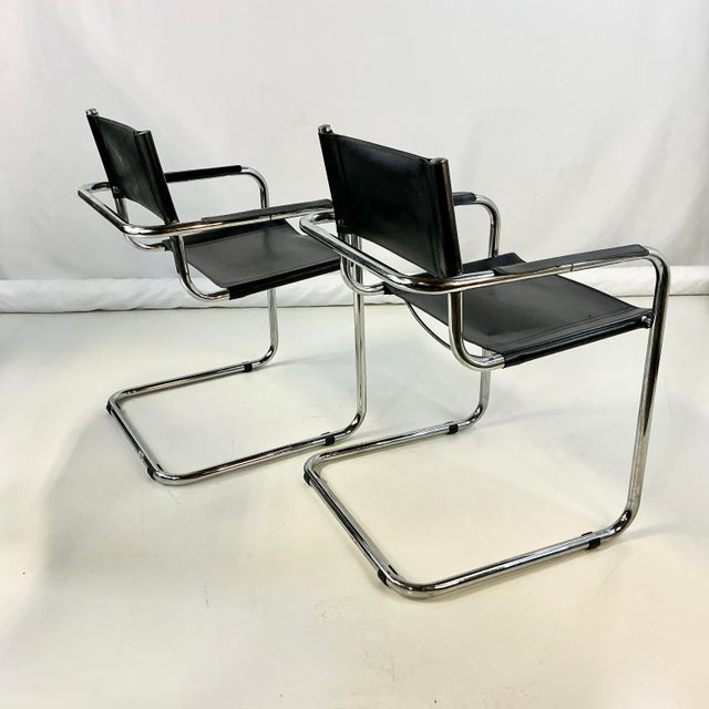 1980s Vintage Contemporary Modern Italian Cantilever Black Leather Side Chairs - A Pair. For Sale - Image 11 of 11