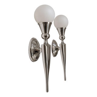 French Art Deco Wall Sconces in Nickel-Plated Aluminum and Glass, Set of 2 For Sale