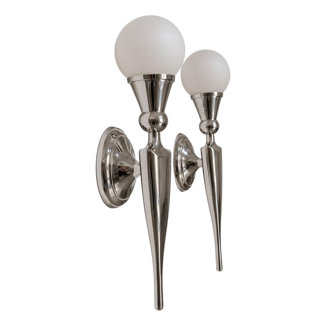 French Art Deco Wall Sconces in Nickel-Plated Aluminum and Glass, Set of 2 For Sale