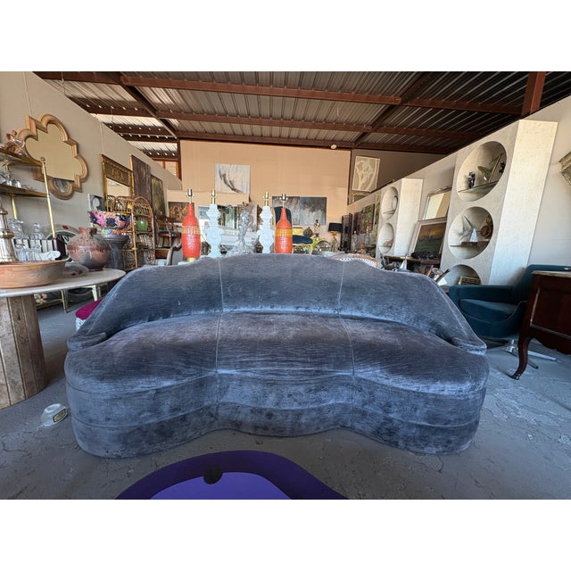 Vintage Custom Curved Velvet Sofa. Offered is a beautifully designed custom curved sofa with original designer gray velvet...