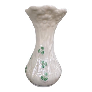 Vintage Belleek Ireland Shamrock Porcelain Bud Vase With Textured Flared Rim For Sale