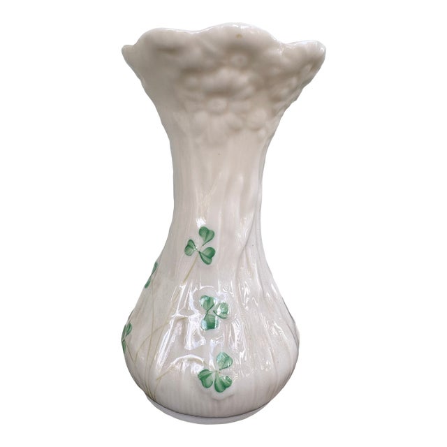 Vintage Belleek Ireland Shamrock Porcelain Bud Vase With Textured Flared Rim For Sale