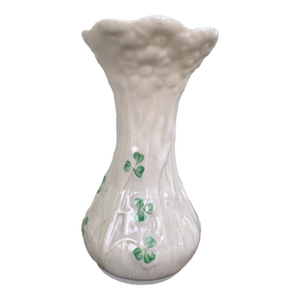 Vintage Belleek Ireland Shamrock Porcelain Bud Vase With Textured Flared Rim