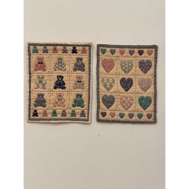 1970s Pair of Vintage American Folk Art Hearts & Bears Quilted Textile Art, Dusty Pink, Baby Blue, Off-White For Sale - Image 5 of 12