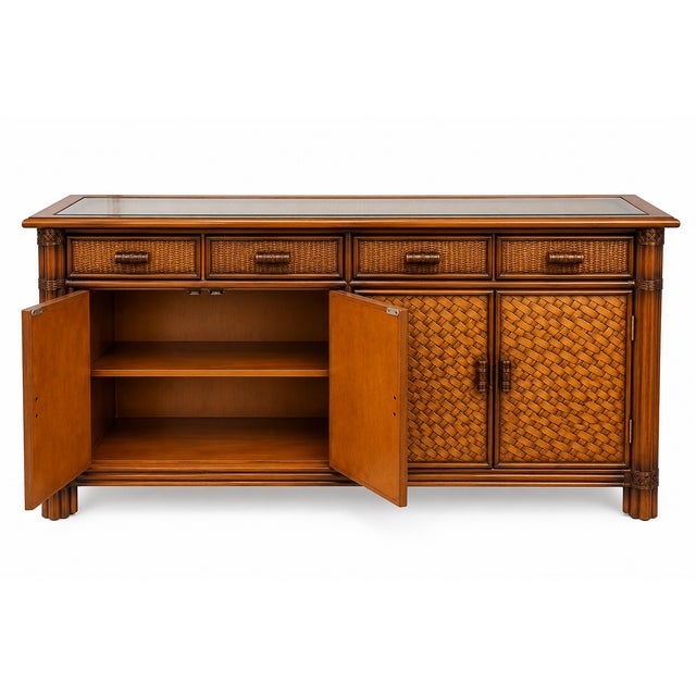 Vintage Rattan and Bamboo-Style Sideboard With Glass-Inset Top – Tropical Regency Cabinet For Sale In West Palm - Image 6 of 9