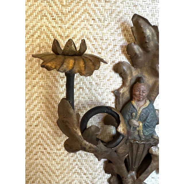 Metal Pair of Vintage Chinoiserie Figural Gilt Metal Candle Wall Sconces For Sale - Image 7 of 12